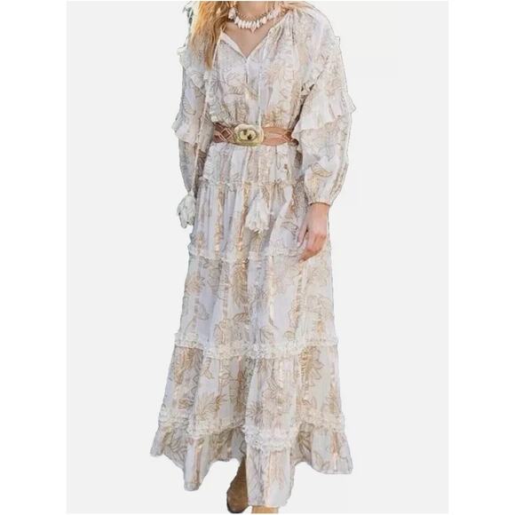 MISS JUNE PARIS Metallic Stripe Boho Maxi Rose Gold Silver Ruffle Dress O/S - Picture 7 of 7